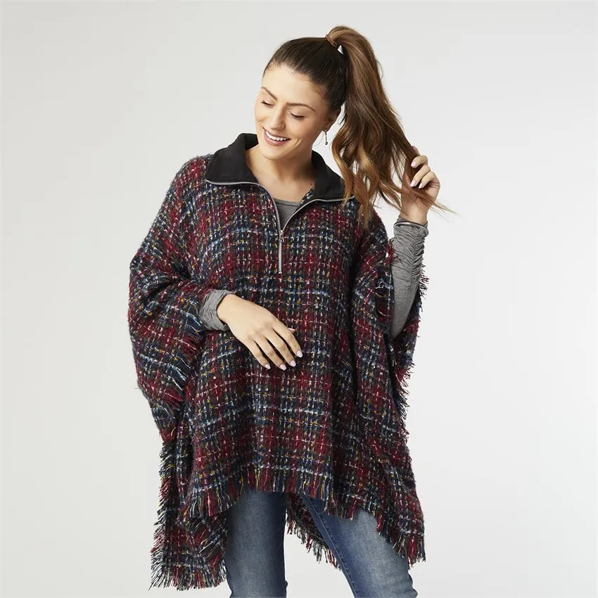 Aspen Quarter Zip Poncho With Faux Leather Trim