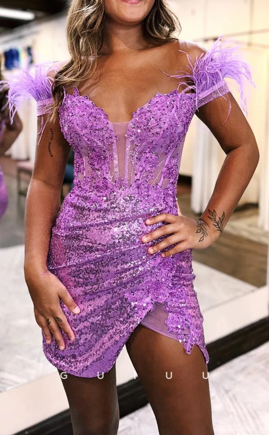 GH822 - Classic & Timeless Off-Shoulder Sequins Ruched Short Mini Homecoming Party Dress
