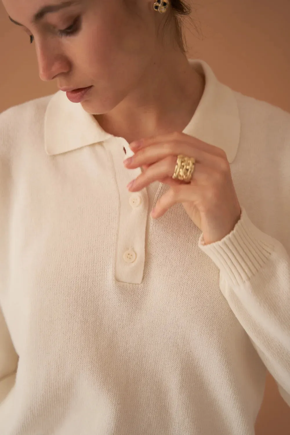 Ivory Cotton Cashmere Blend Polo Sweater