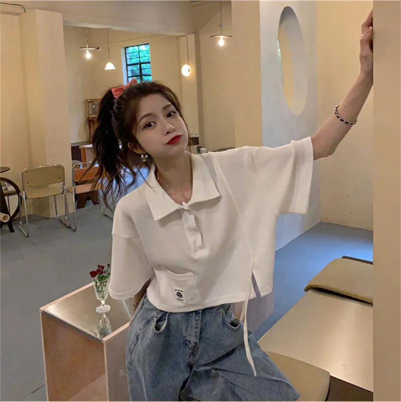 Polo collar short sleeve squarely T-shirt split hem loose top pastel colors korean style
