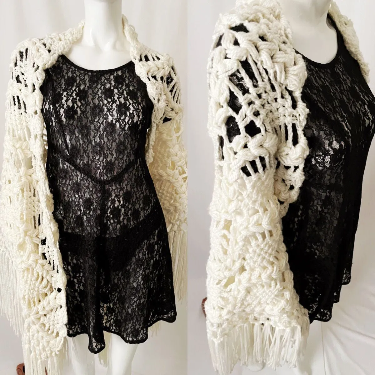 Vintage Oversized Chunky Crochet Fringed Poncho